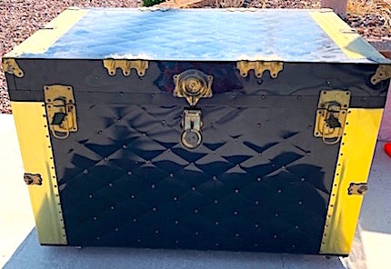 Large Vintage Tufted Black with Gold Sides Trunk with Insert