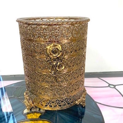 Hollywood Regency Gold Ormolu Filigree Footed Wastebasket