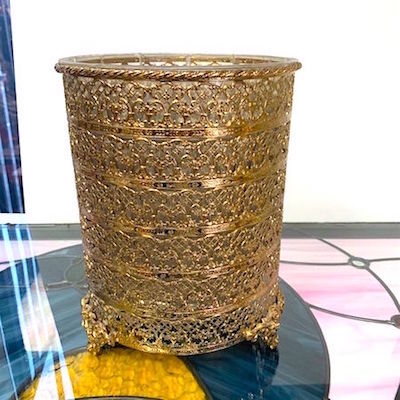 Hollywood Regency Gold Ormolu Filigree Footed Wastebasket