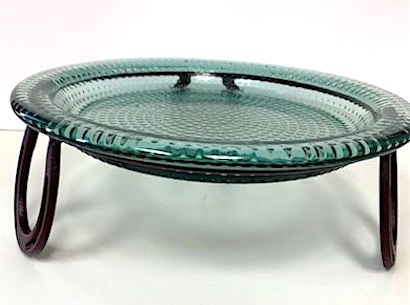 Western Green Glass Bowl with Rustic Metal Stand