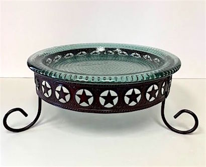 Western Green Glass Bowl with Rustic Metal Stand